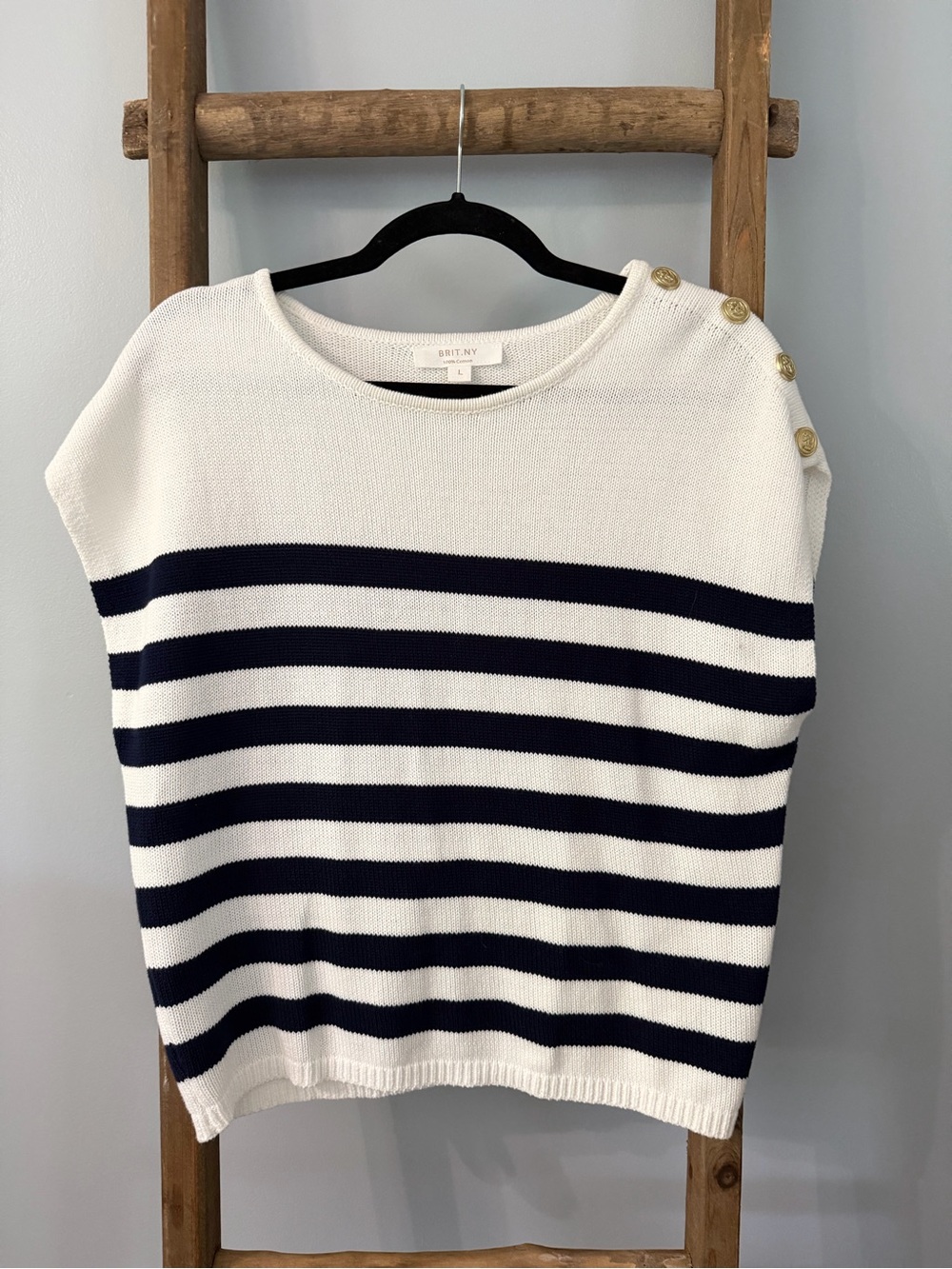 Striped Navy and White Button-Shoulder Knit Sweater by BRIT.NY